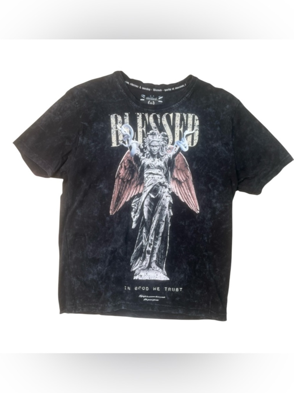 Sz M Blessed Angel Graphic Tee - Black with Pink Wings